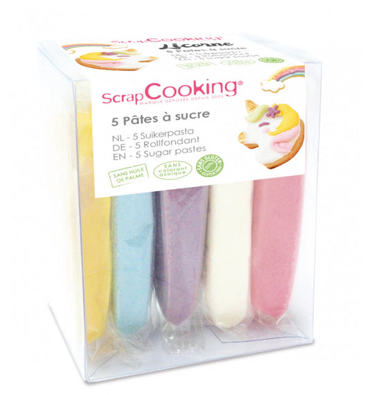 LOT DE 5 PIÈCES EN PÂTE À SUCRE LICORNE JAUNE, BLEU PASTEL, VIOLET, BLANC