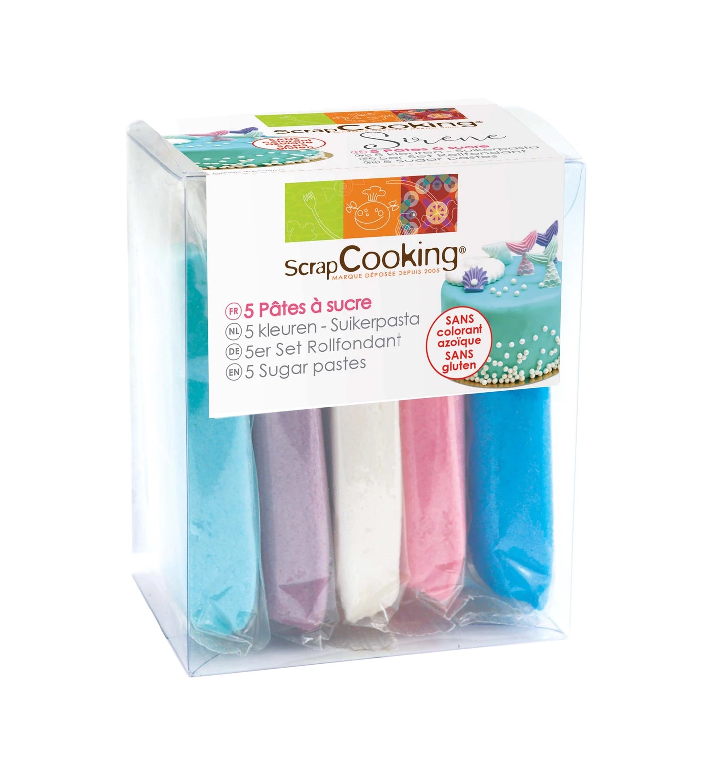 5-TEILIGES SET AUS ZUCKERPASTA MEERJUNGFRAU (HELLBLAU, LILA, WEISS,