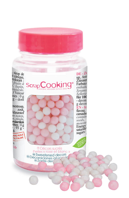 PERLES DE SUCRE DÉCORATIVES BLANCHES/ROSES 55 G