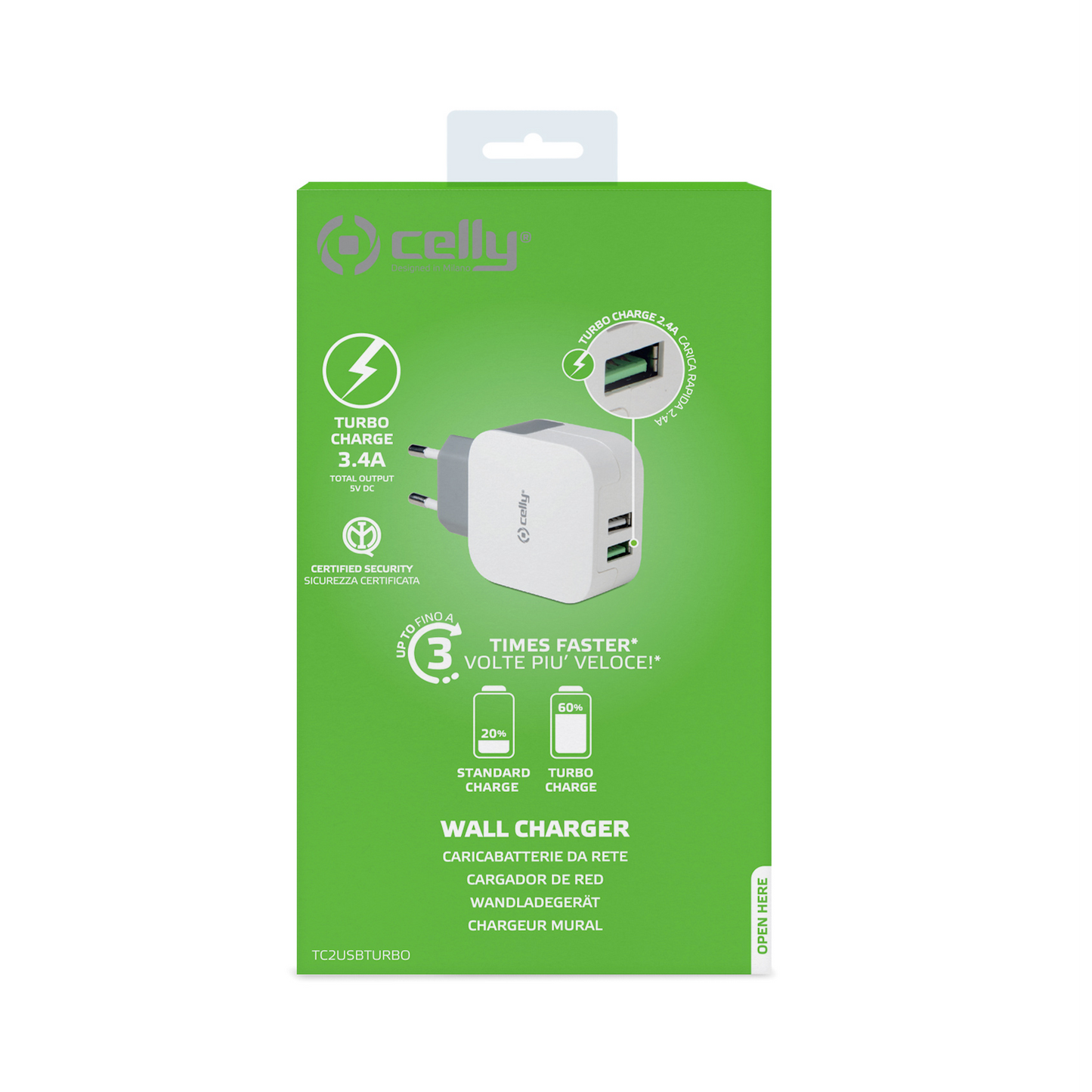 WALL CHARGER TURBO 2  USB 3.4A WHITE - CELLY